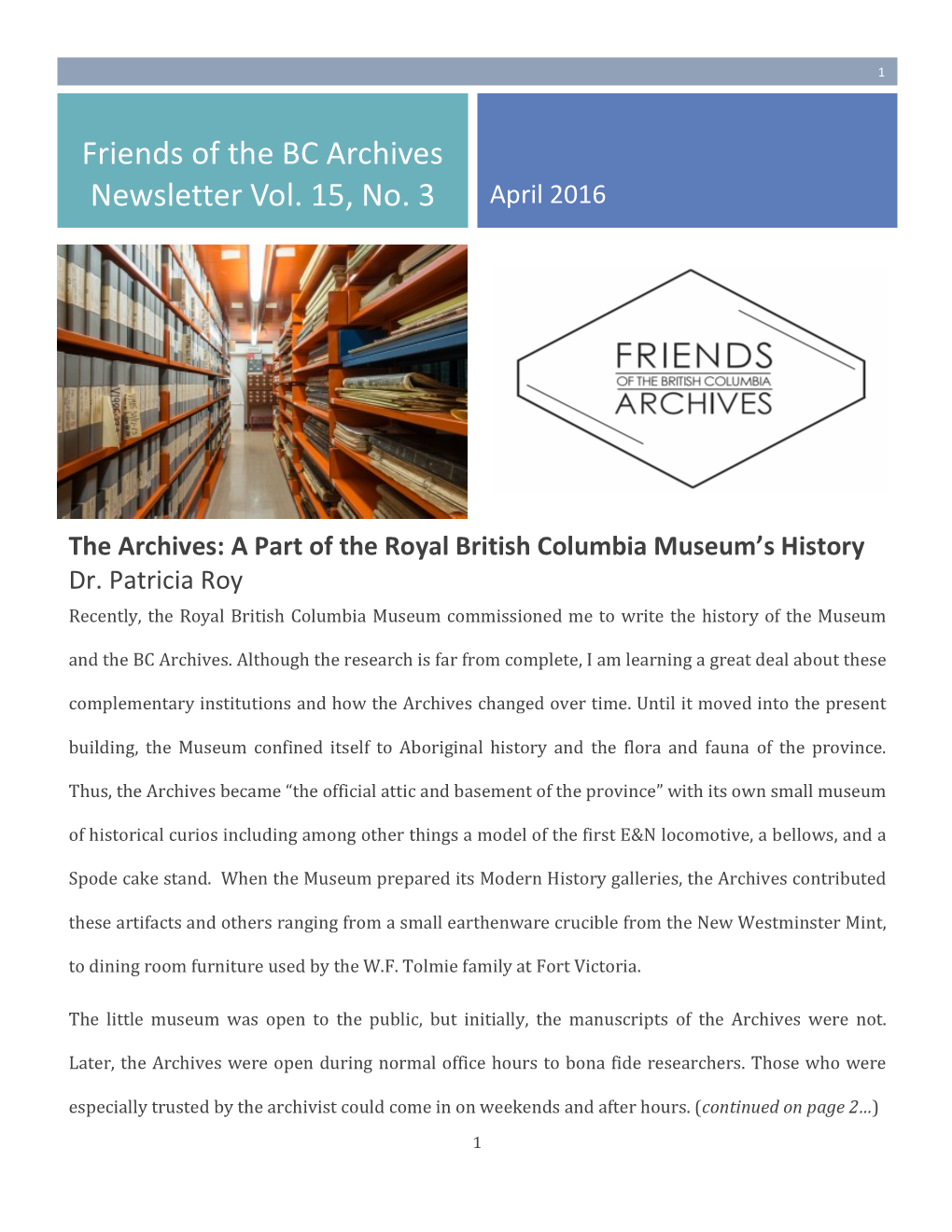 Friends of the BC Archives Newsletter Vol. 15, No. 3 April 2016