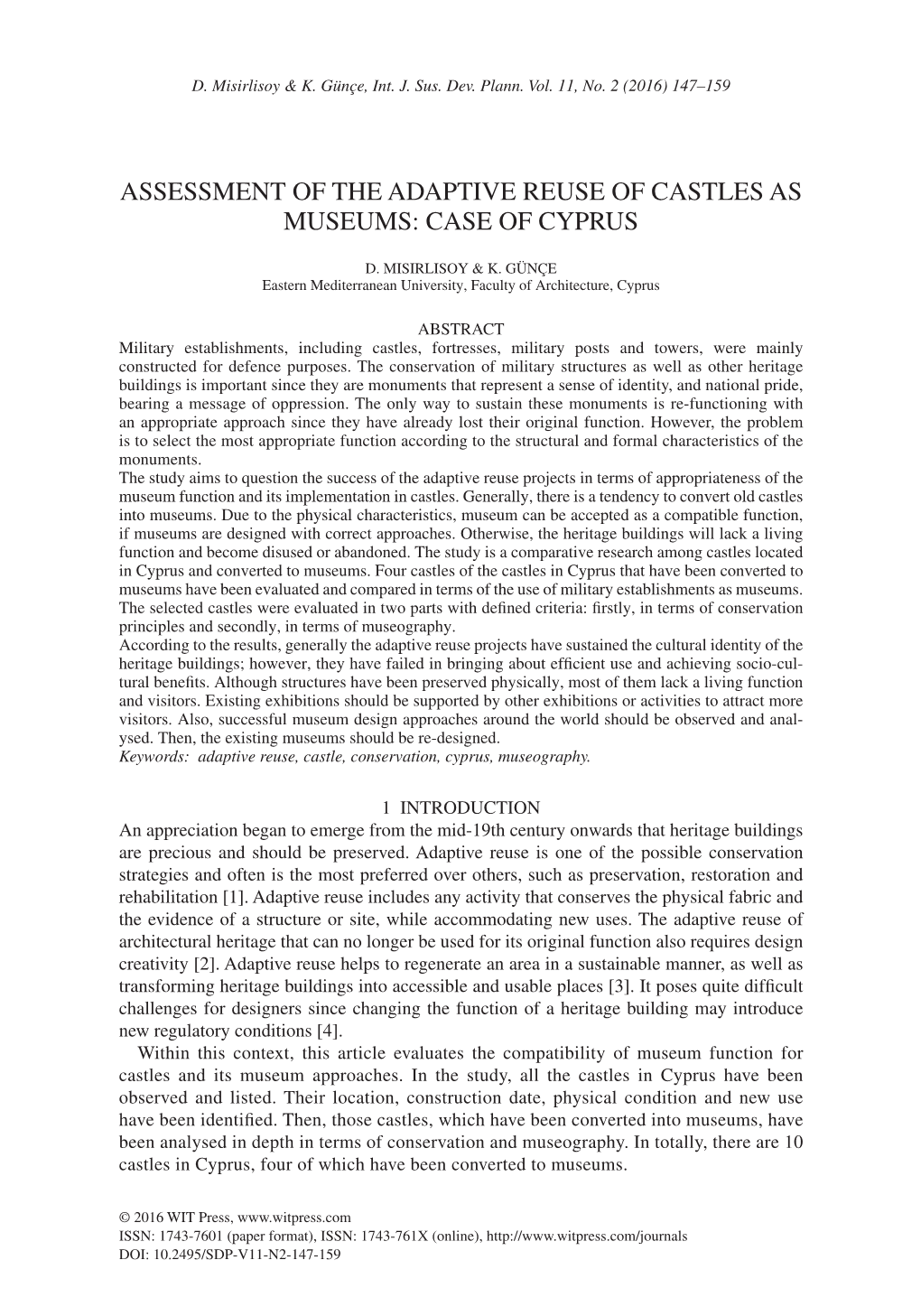 Assessment of the Adaptive Reuse of Castles As Museums: Case of Cyprus