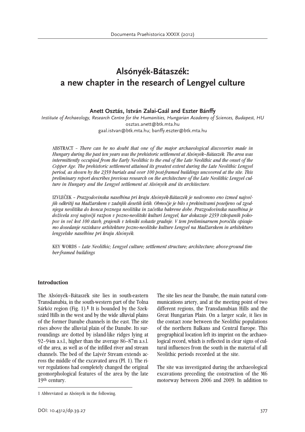 Alsónyék-Bátaszék&gt; a New Chapter in the Research of Lengyel Culture