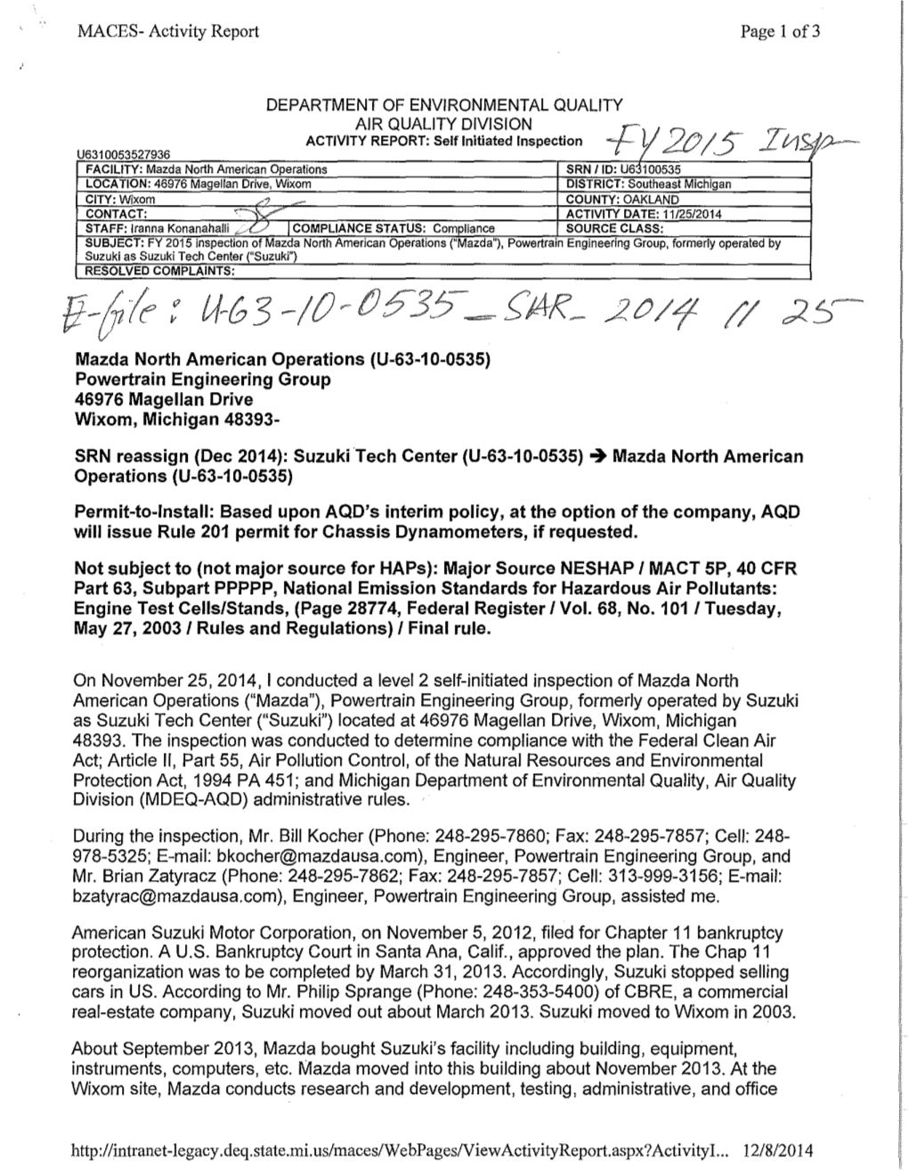 MACES- Activity Report Mazda North American Operations (U-63-10