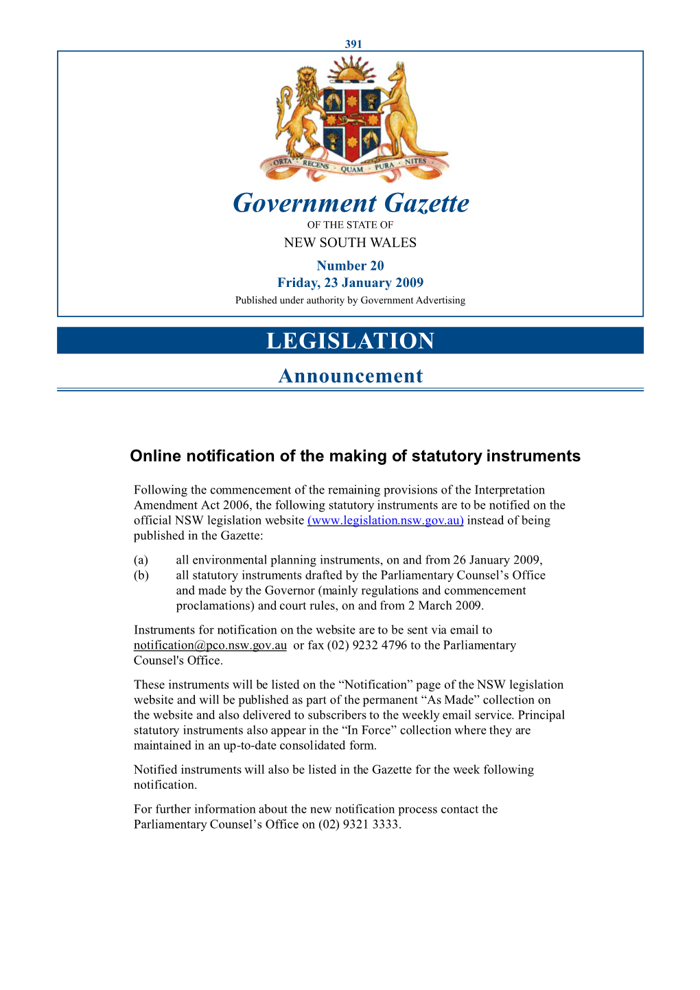 Government Gazette of the STATE of NEW SOUTH WALES Number 20 Friday, 23 January 2009 Published Under Authority by Government Advertising