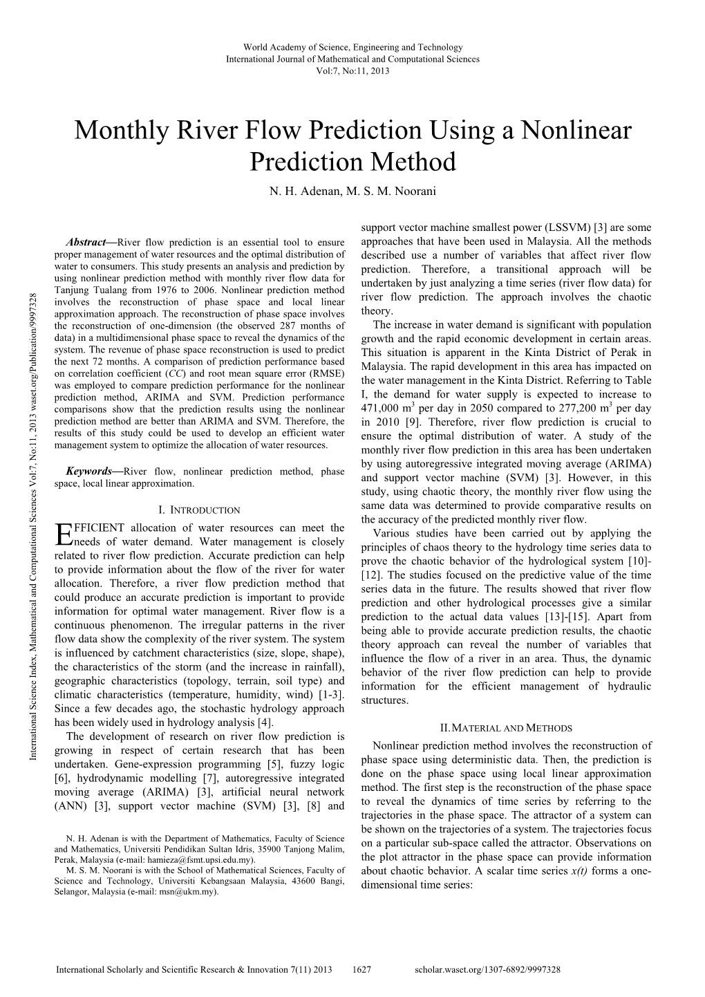 Monthly River Flow Prediction Using a Nonlinear Prediction Method N