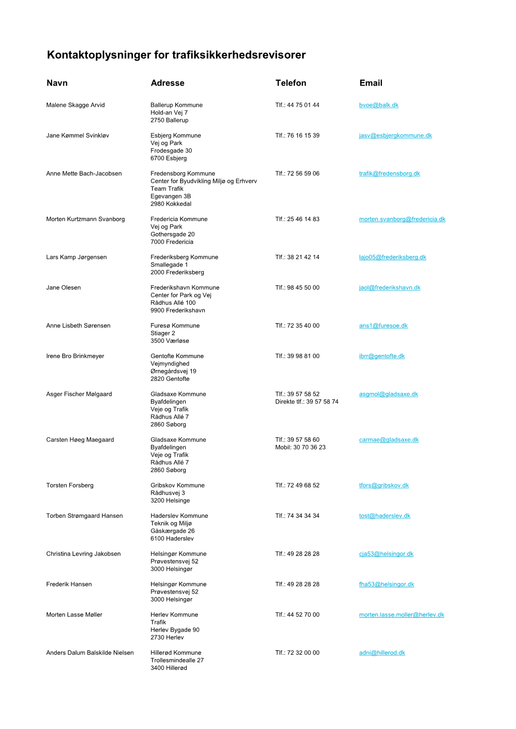 Kontaktoplysninger for Trafiksikkerhedsrevisorer