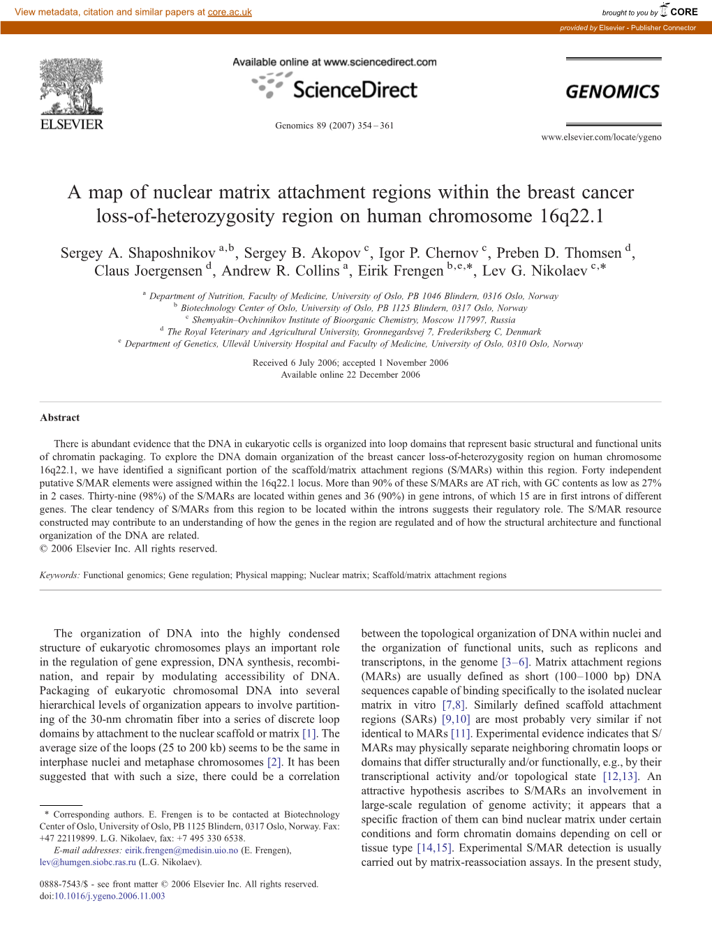 A Map of Nuclear Matrix Attachment Regions Within the Breast Cancer Loss-Of-Heterozygosity Region on Human Chromosome 16Q22.1