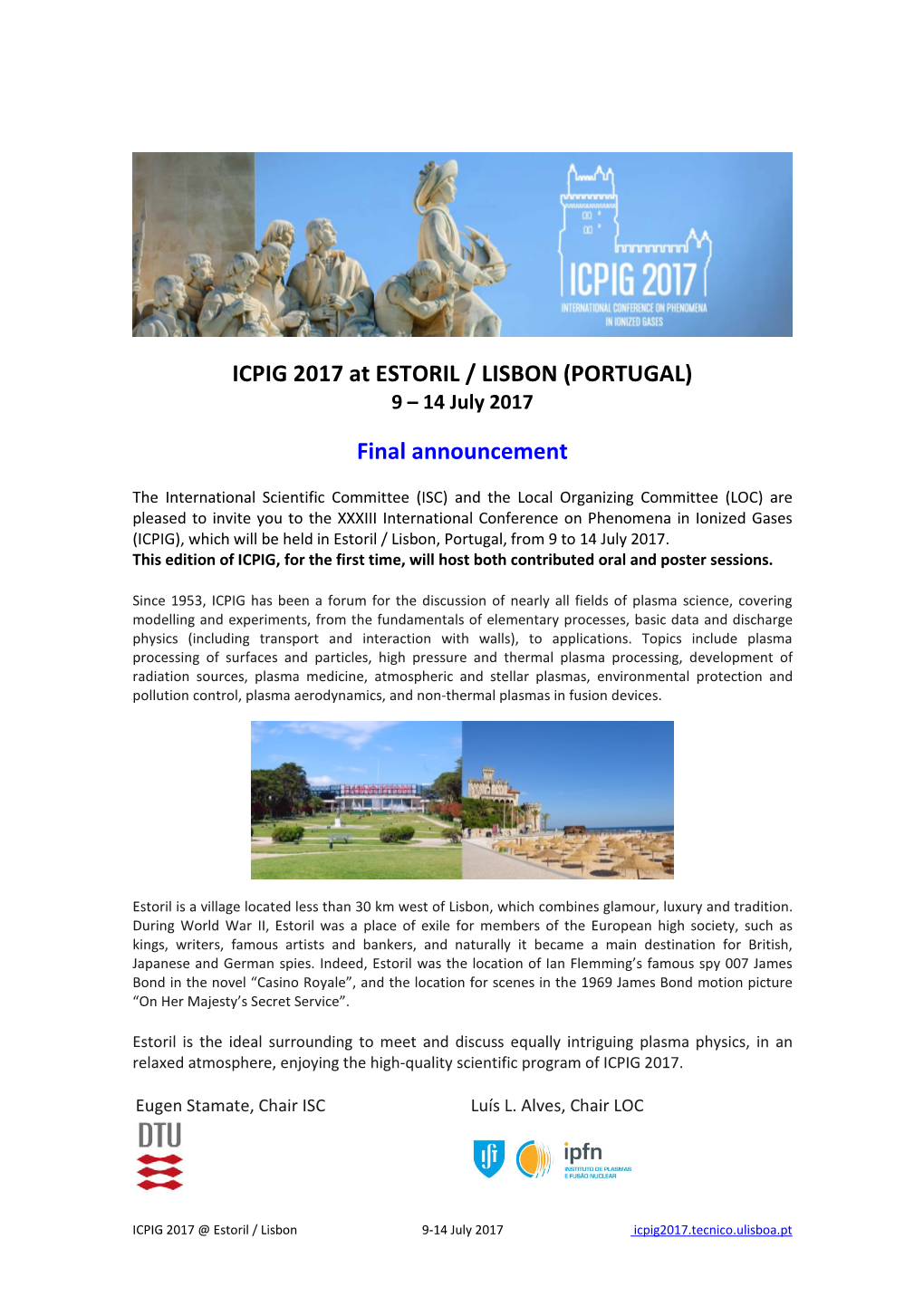 ICPIG 2017 at ESTORIL / LISBON (PORTUGAL) Final Announcement