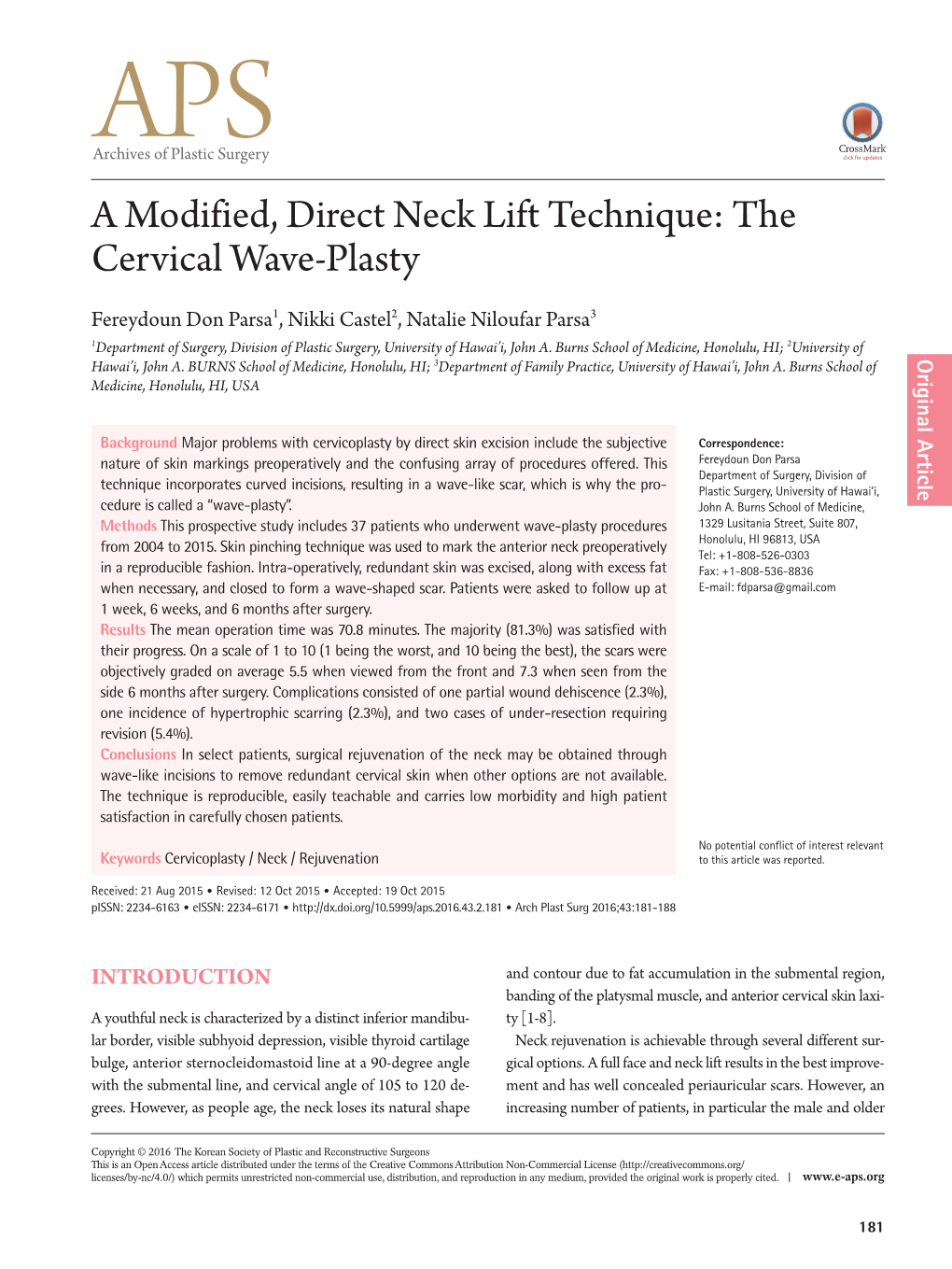 A Modified, Direct Neck Lift Technique: the Cervical Wave-Plasty