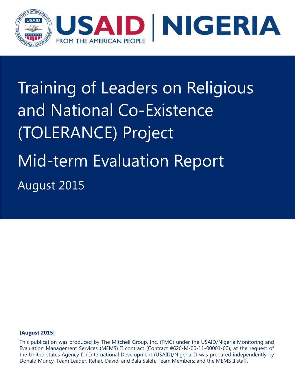 (TOLERANCE) Project Mid-Term Evaluation Report August 2015