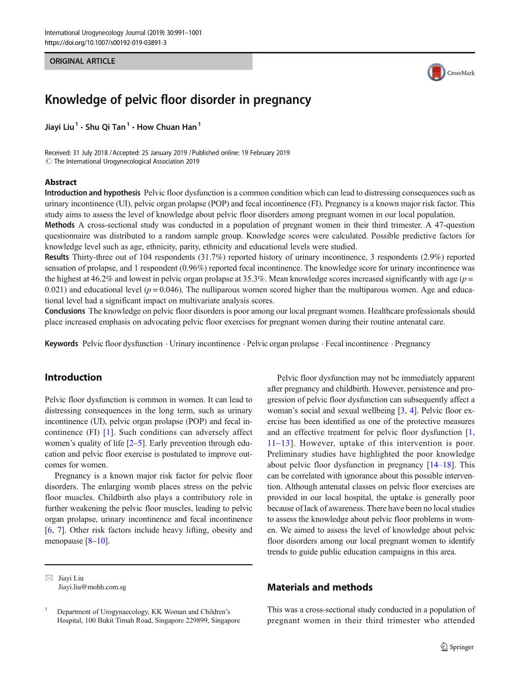 Knowledge of Pelvic Floor Disorder in Pregnancy