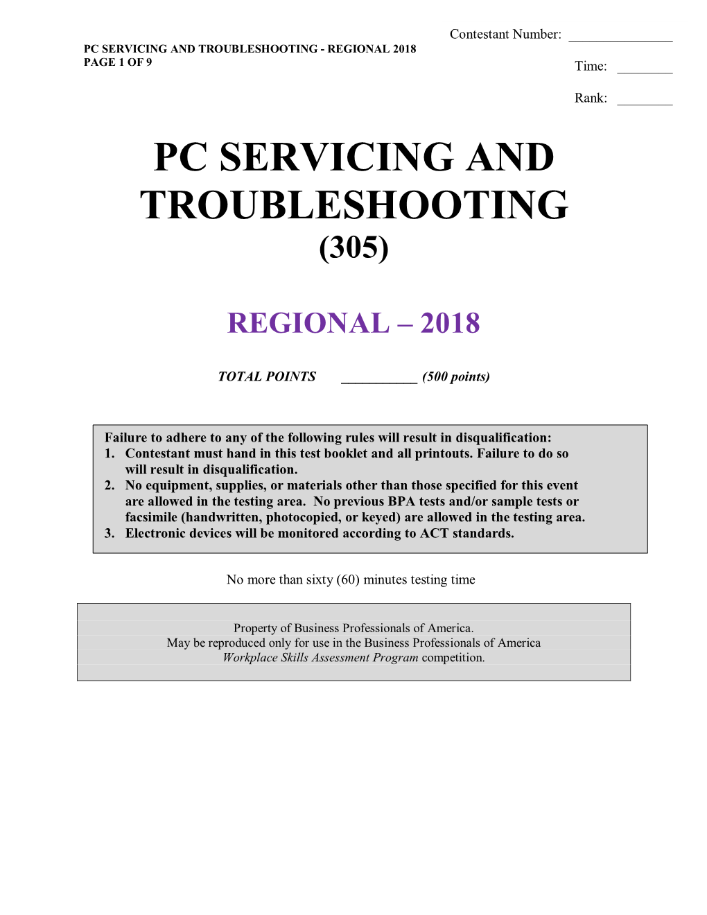PC SERVICING and TROUBLESHOOTING - REGIONAL 2018 PAGE 1 of 9 Time: ______