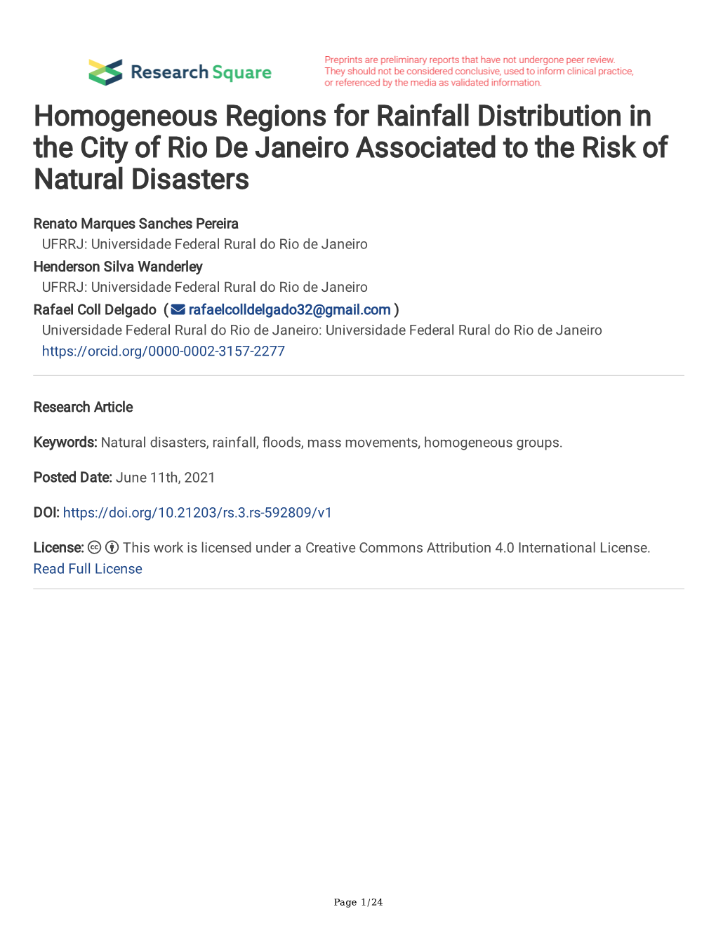 Homogeneous Regions for Rainfall Distribution in the City of Rio De Janeiro Associated to the Risk of Natural Disasters