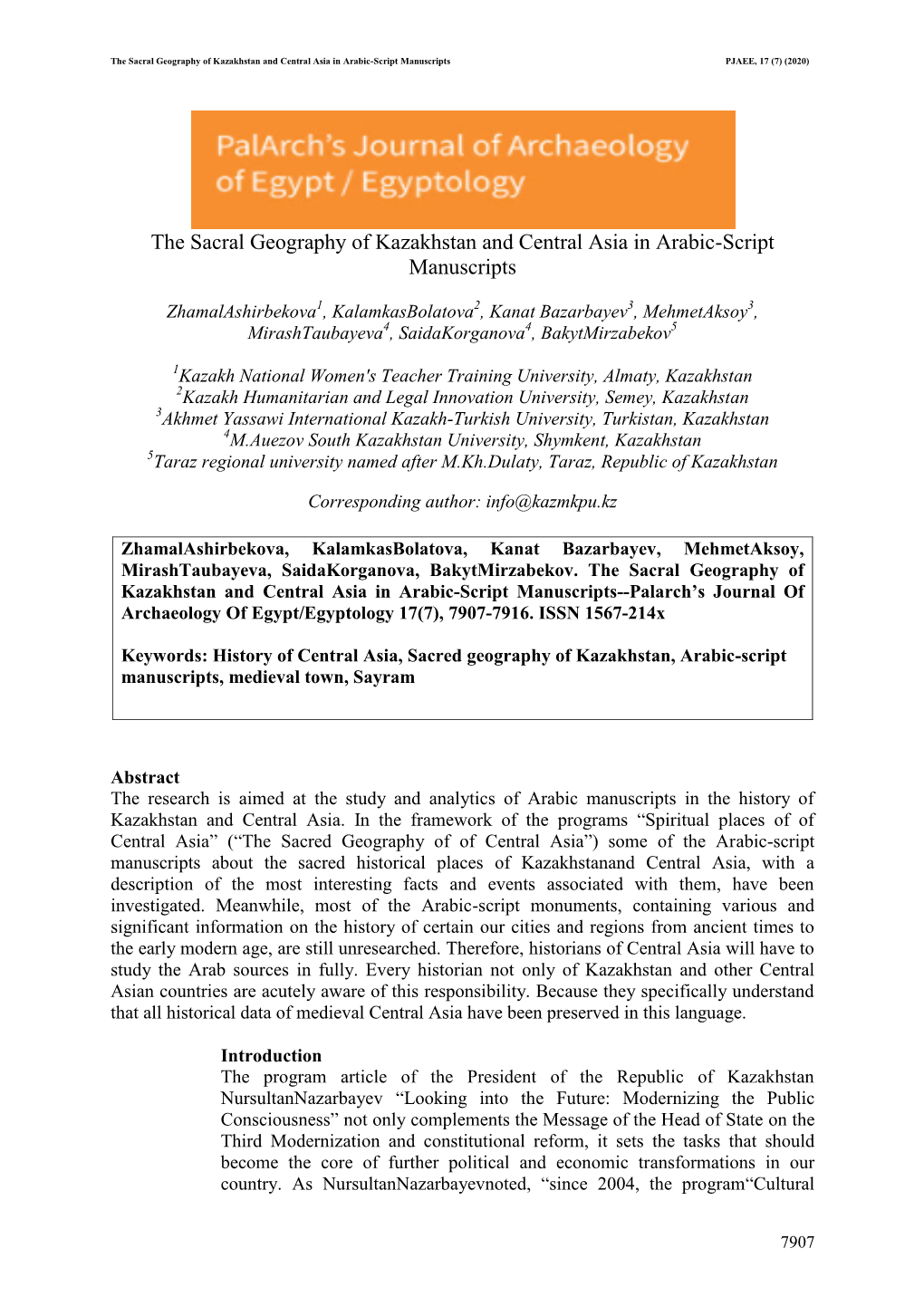 The Sacral Geography of Kazakhstan and Central Asia in Arabic-Script Manuscripts PJAEE, 17 (7) (2020)