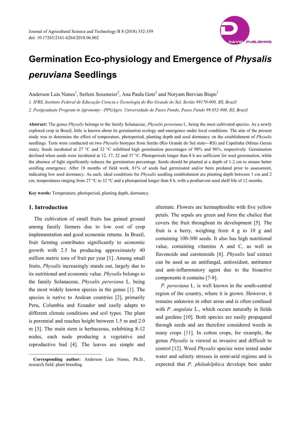 Germination Eco-Physiology and Emergence of Physalis Peruviana Seedlings