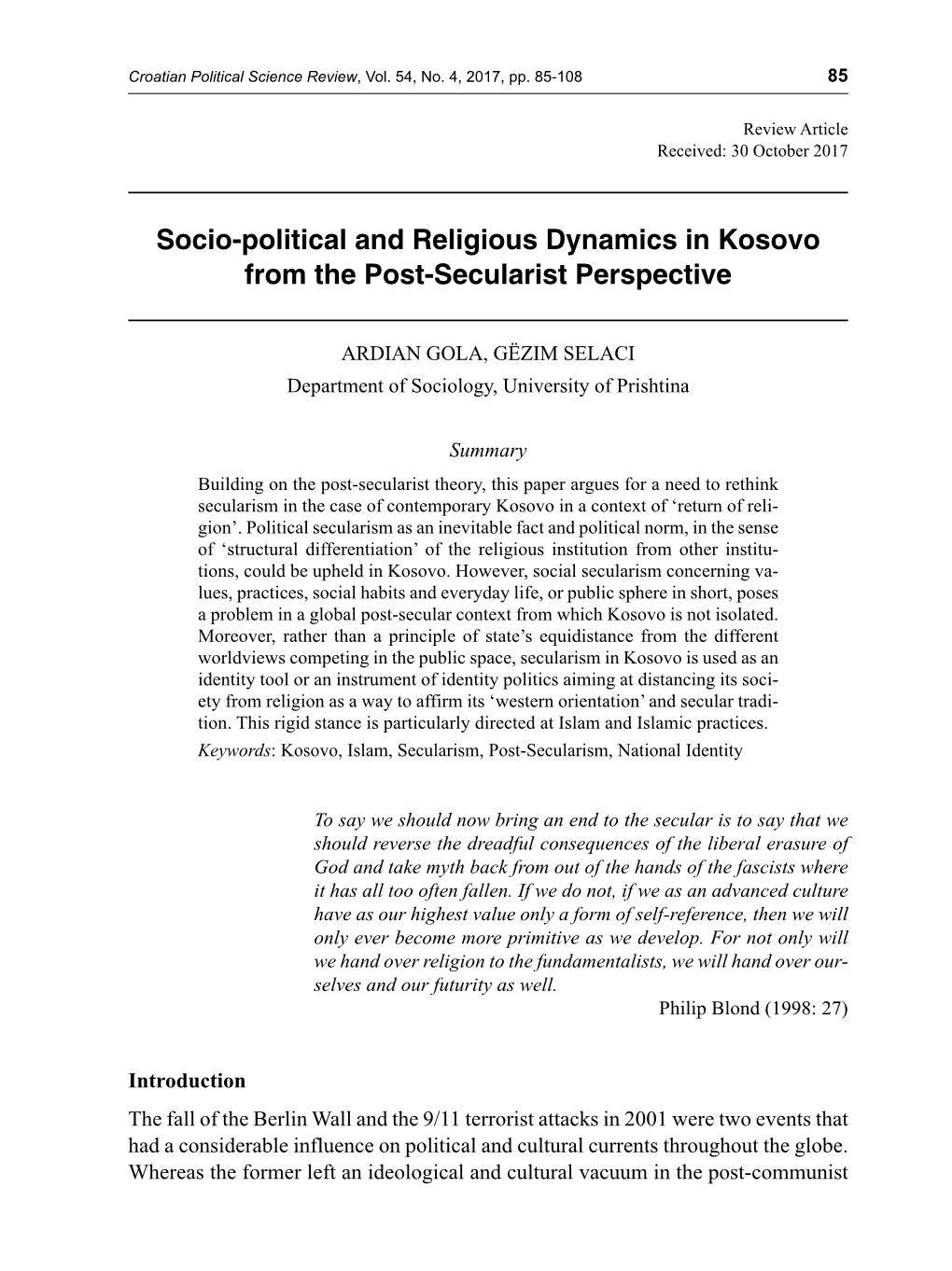 Socio-Political and Religious Dynamics in Kosovo from the Post-Secularist Perspective