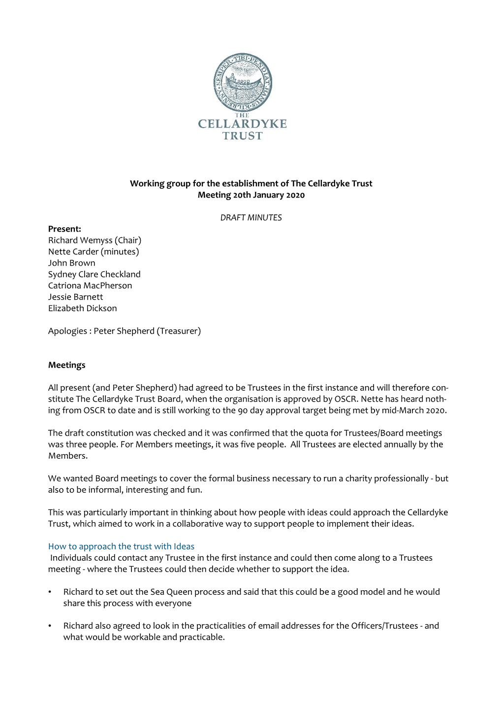 Working Group for the Establishment of the Cellardyke Trust Meeting 20Th January 2020