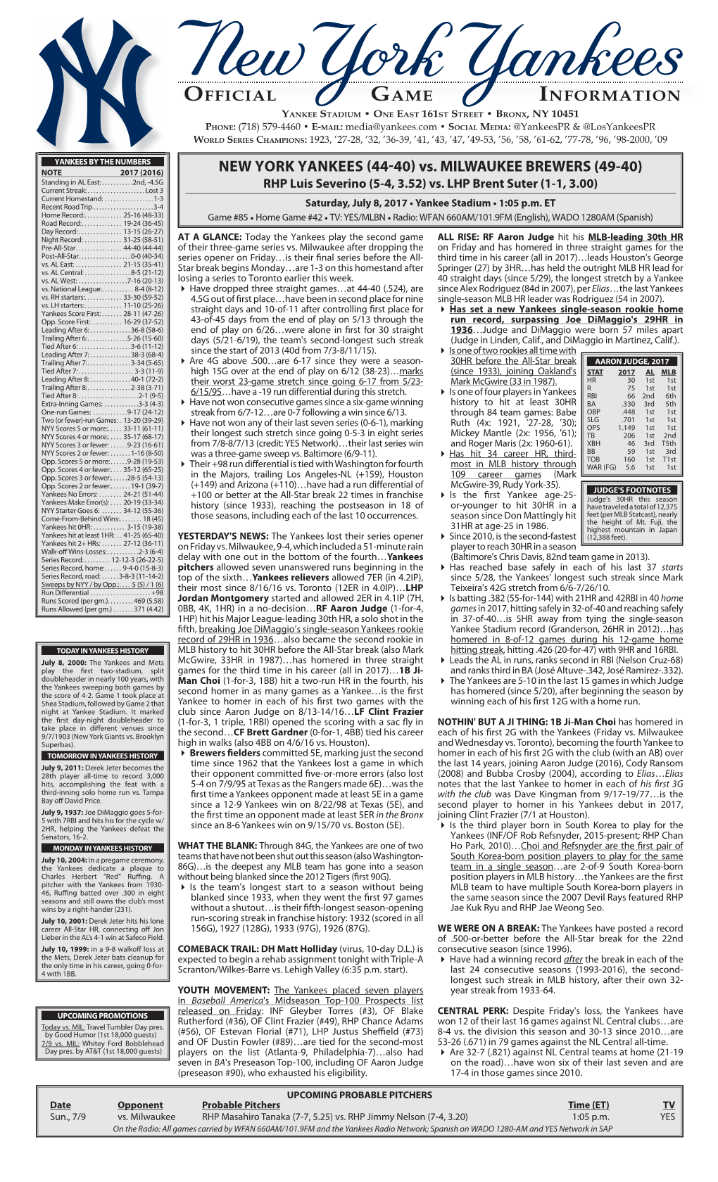 NYY Game Notes