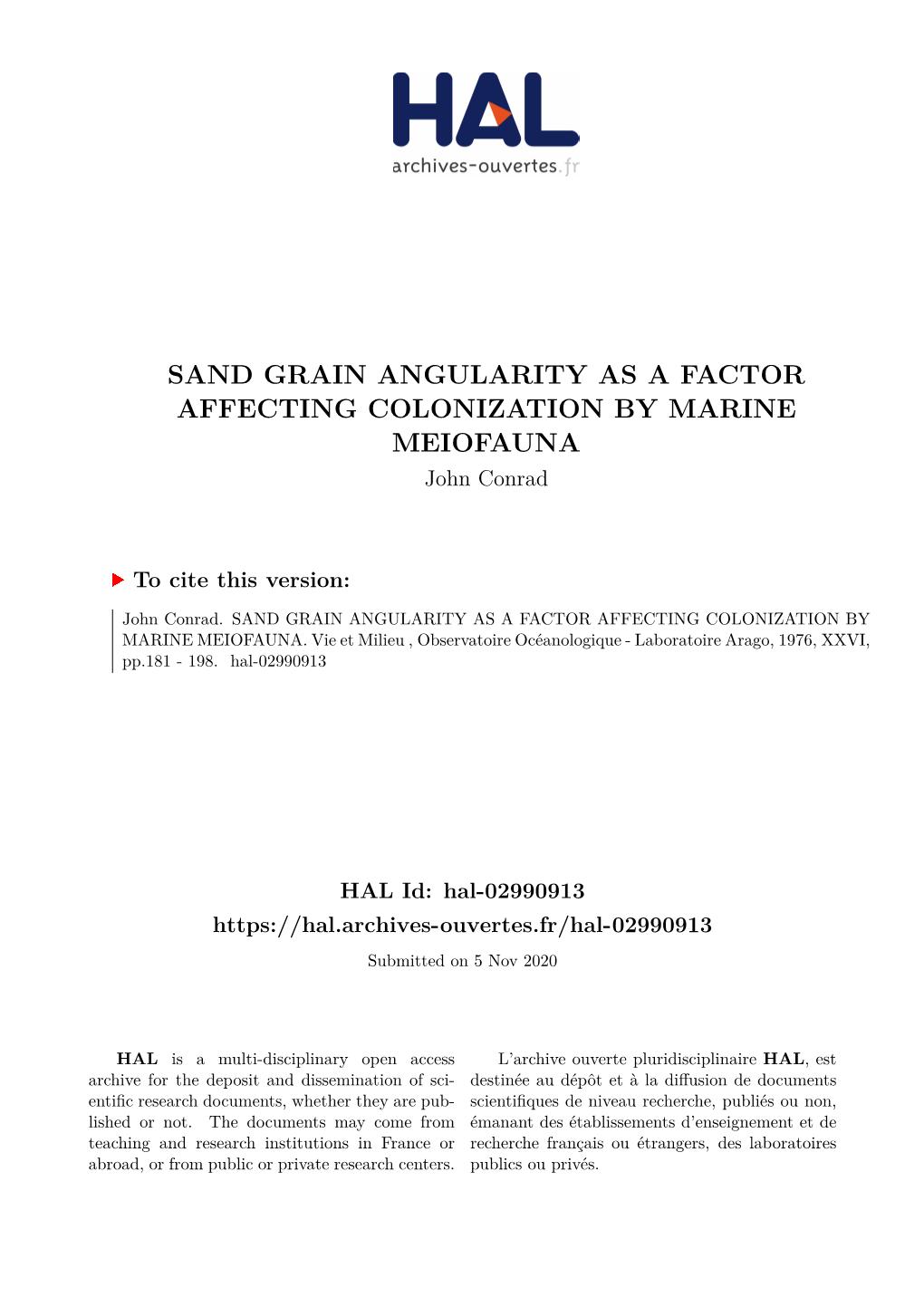SAND GRAIN ANGULARITY AS a FACTOR AFFECTING COLONIZATION by MARINE MEIOFAUNA John Conrad