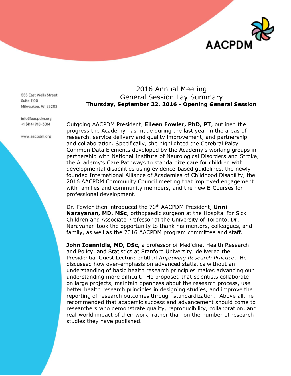 2016 Annual Meeting General Session Lay Summary Thursday, September 22, 2016 - Opening General Session