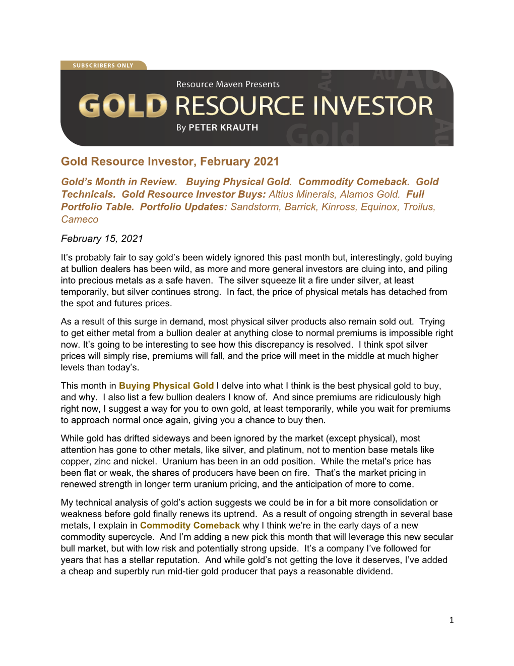 Gold Resource Investor, February 2021 Gold’S Month in Review