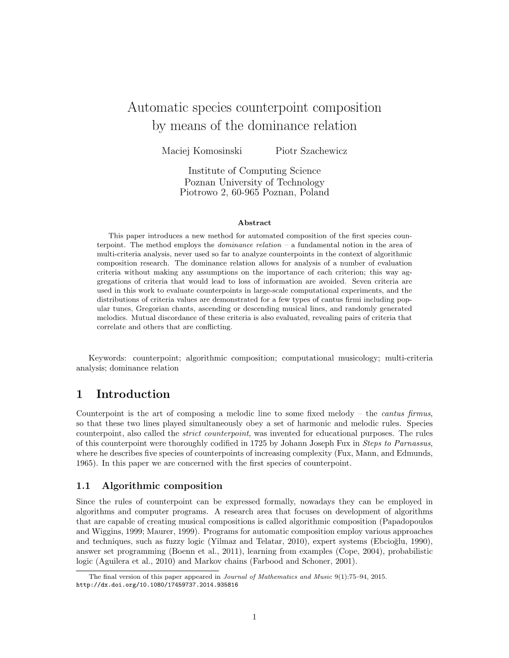 Automatic Species Counterpoint Composition by Means of the Dominance Relation