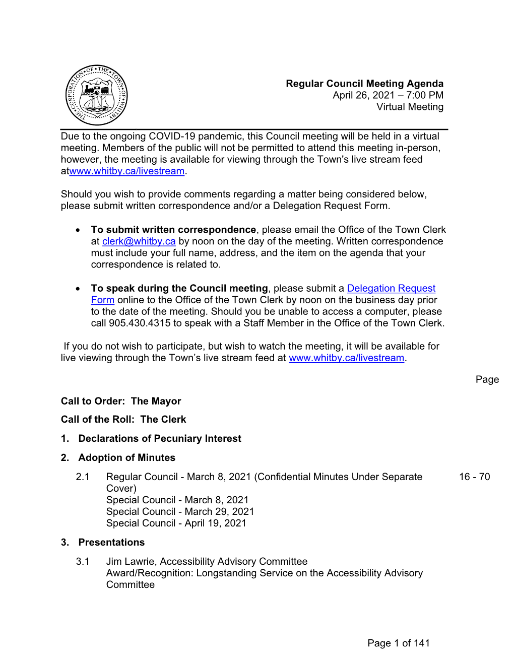 Regular Council Meeting Agenda April 26, 2021 – 7:00 PM Virtual Meeting