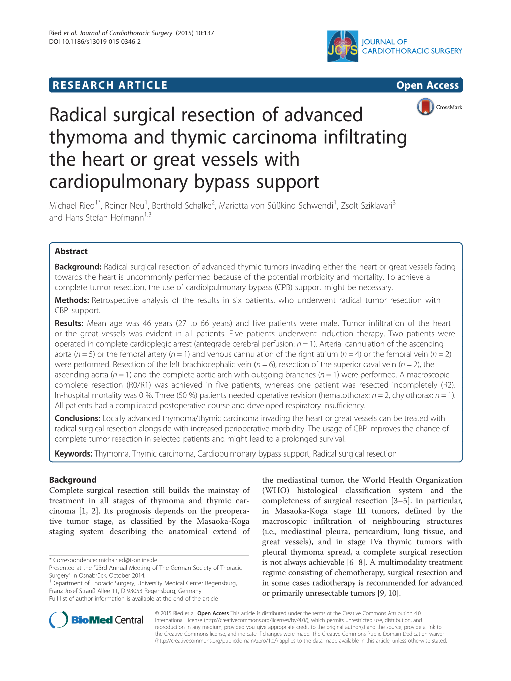 Radical Surgical Resection of Advanced Thymoma and Thymic Carcinoma Infiltrating the Heart Or Great Vessels with Cardiopulmonary