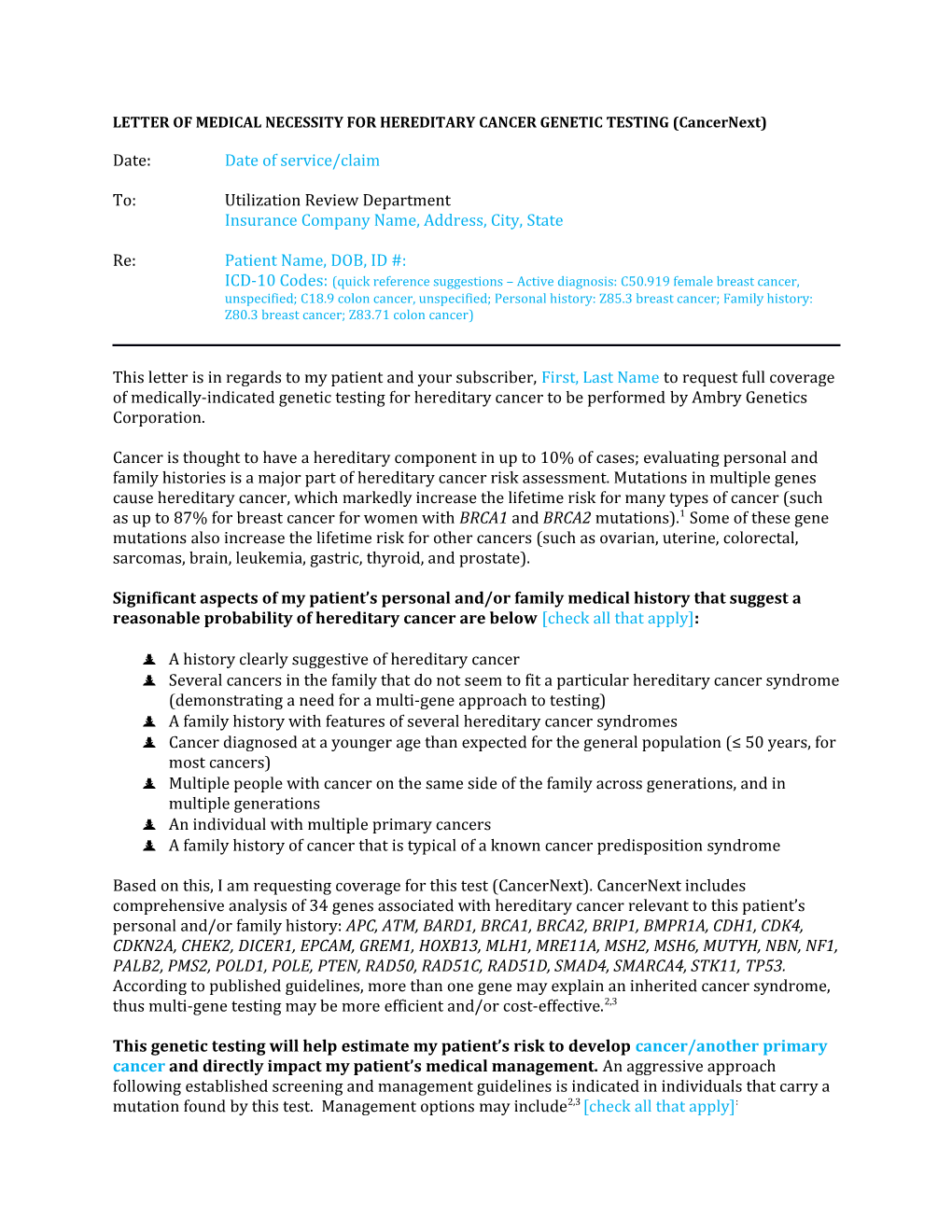 LETTER of MEDICAL NECESSITY for HEREDITARY CANCER GENETIC TESTING (Cancernext)