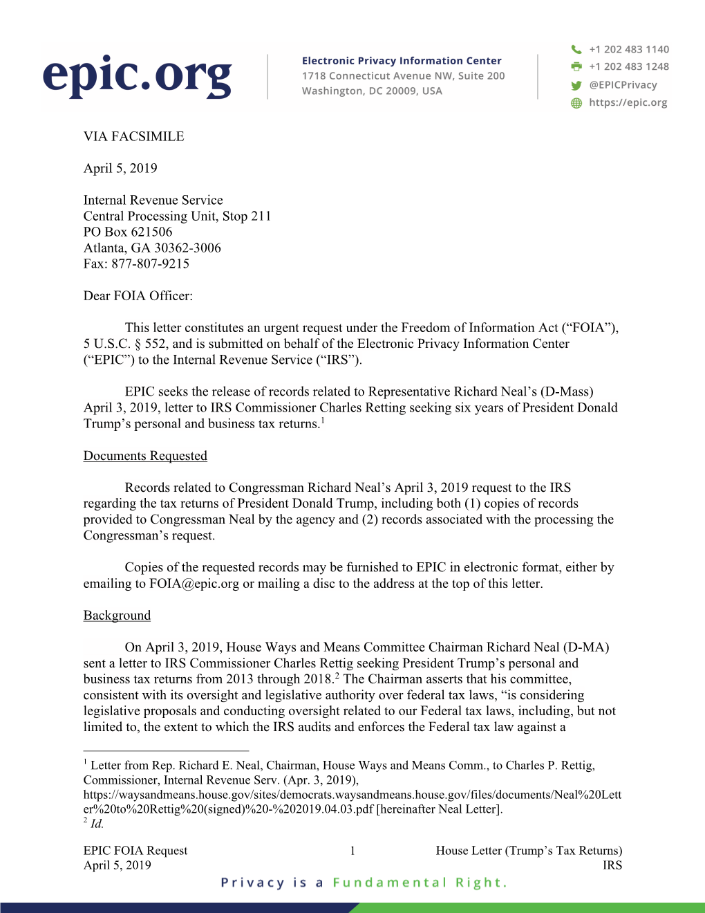 VIA FACSIMILE April 5, 2019 Internal Revenue Service Central Processing Unit, Stop 211 PO Box 621506 Atlanta, GA 30362-3006 Fa