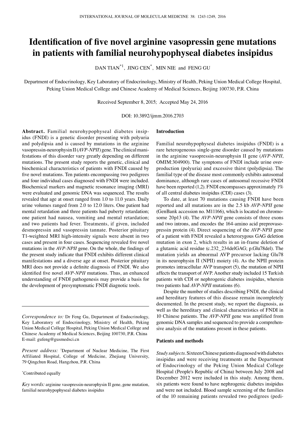 Identification of Five Novel Arginine Vasopressin Gene Mutations in Patients with Familial Neurohypophyseal Diabetes Insipidus