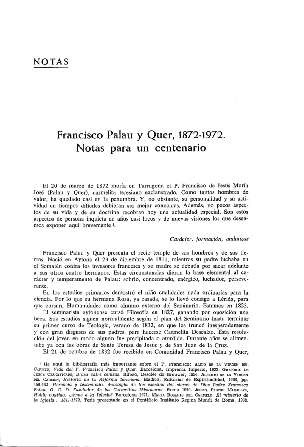 Francisco Palau Y Quer, 1872-1972. Notas Para Un Centenario