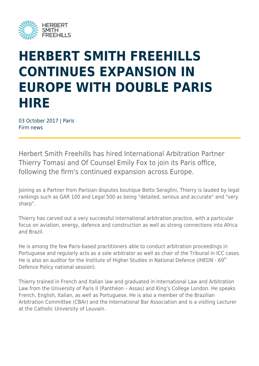 Herbert Smith Freehills Continues Expansion in Europe with Double Paris Hire