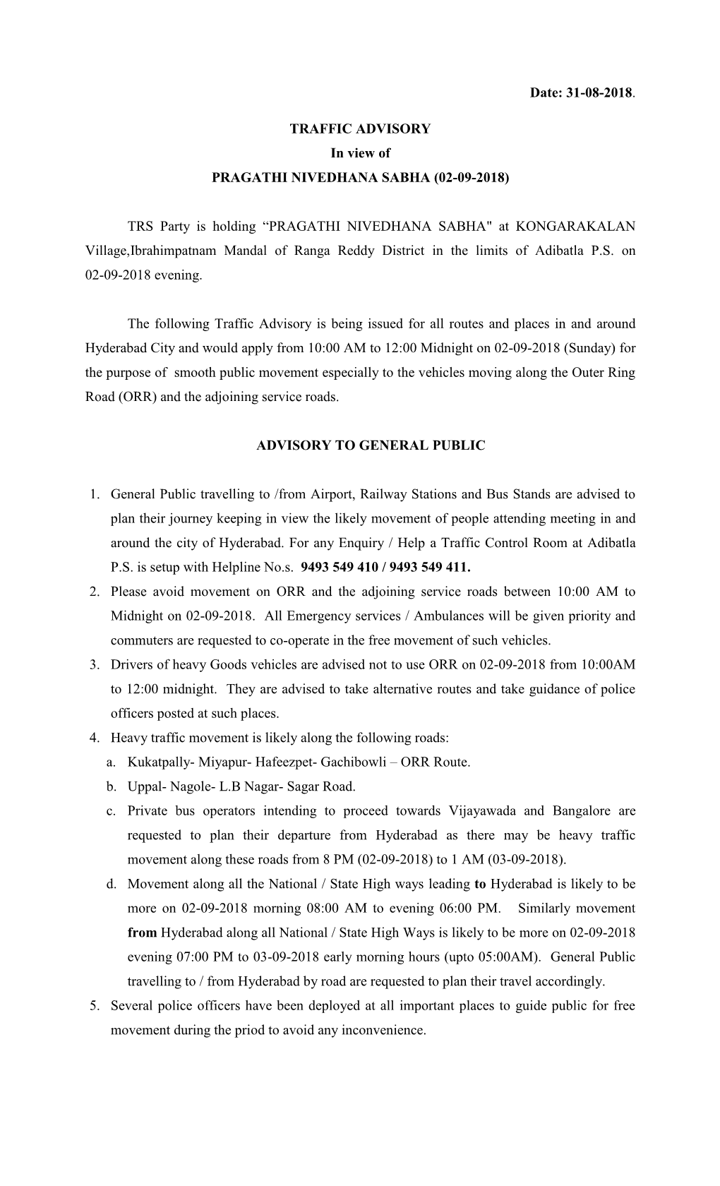 Traffic Advisory for Pragathi Nivedhana Sabha