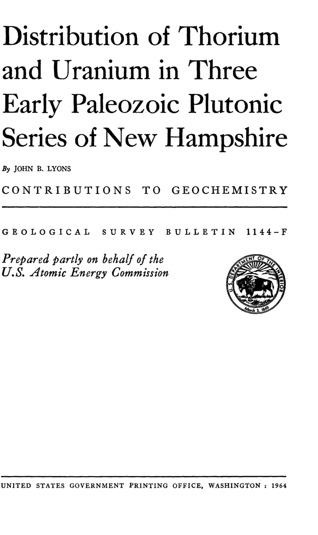 Distribution of Thorium and Uranium in Three Early Paleozoic Plutonic Series of New Hampshire