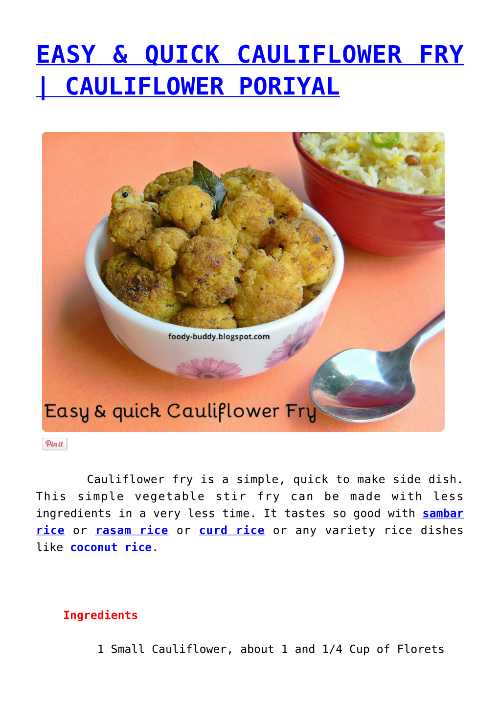 EASY &amp; QUICK CAULIFLOWER FRY | CAULIFLOWER PORIYAL