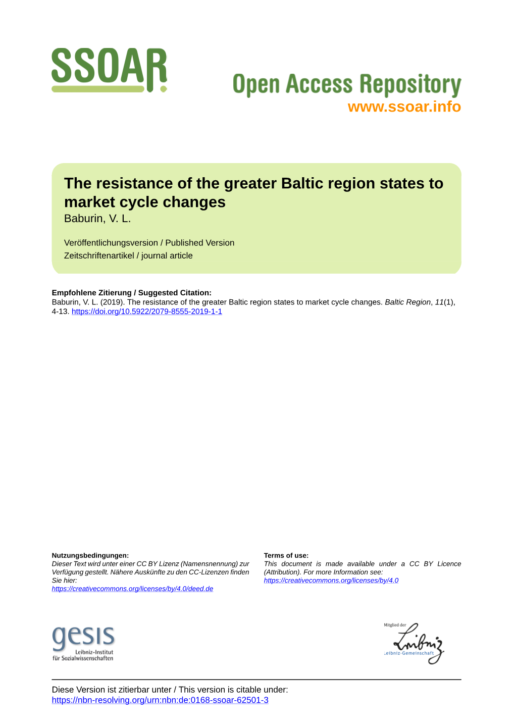 The Resistance of the Greater Baltic Region States to Market Cycle Changes Baburin, V