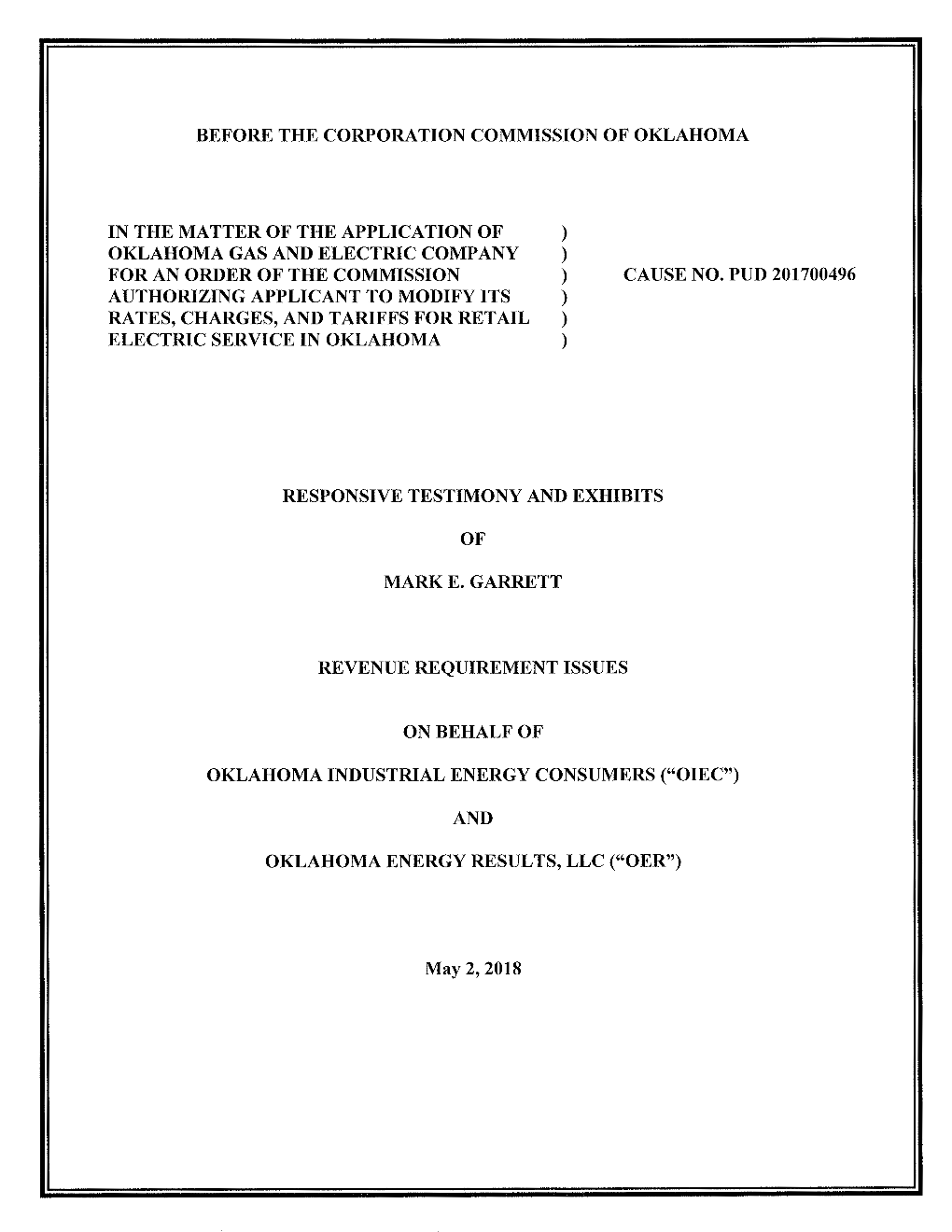 PUD 17-496 Responsive Testimony M. Garrett (OEIC OER)