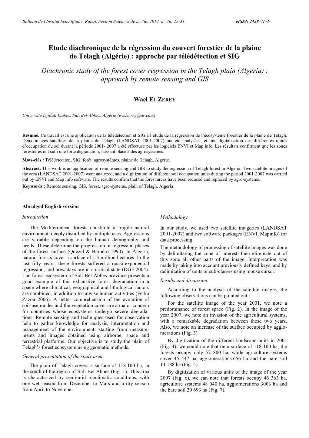 Etude Diachronique De La Régression Du Couvert Forestier De La Plaine De Telagh (Algérie) : Approche Par Télédétection Et SIG