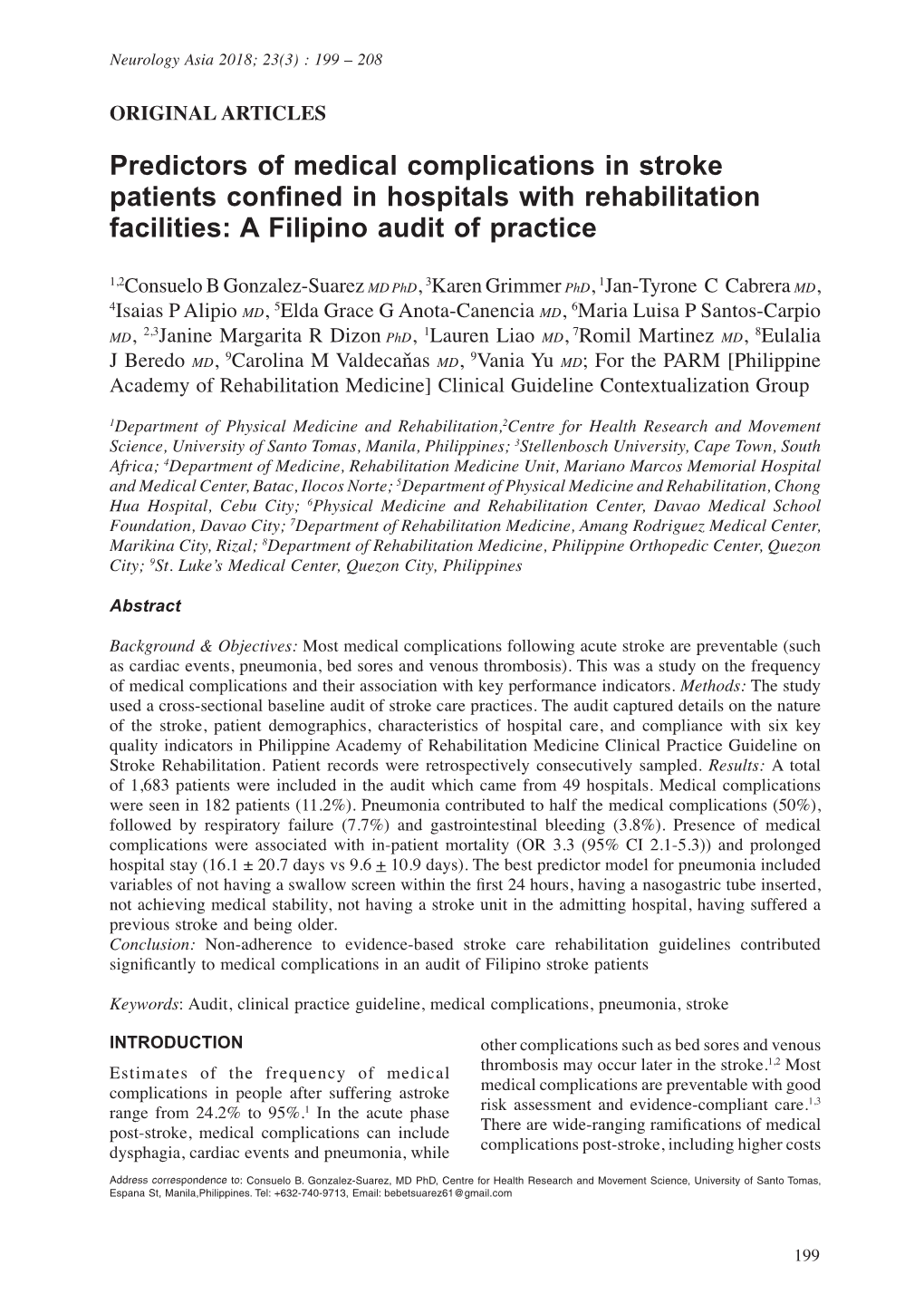 Predictors of Medical Complications in Stroke Patients Confined in Hospitals with Rehabilitation Facilities: a Filipino Audit of Practice