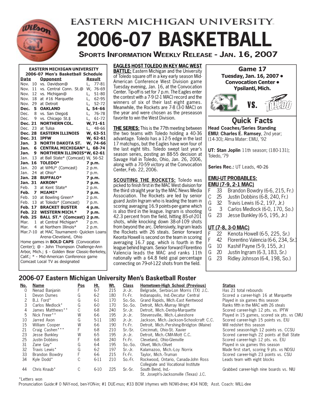 Game 17 2006-07 Men’S Basketball Schedule of Toledo Square Off in a Key Early Season Mid- Tuesday, Jan