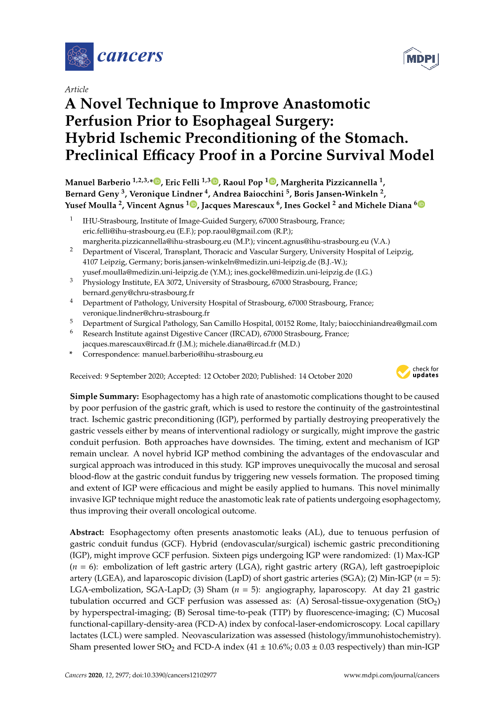 A Novel Technique to Improve Anastomotic Perfusion Prior to Esophageal Surgery: Hybrid Ischemic Preconditioning of the Stomach