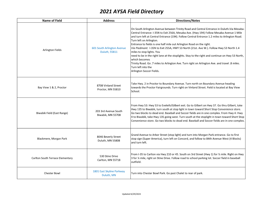 2021 AYSA Field Directory