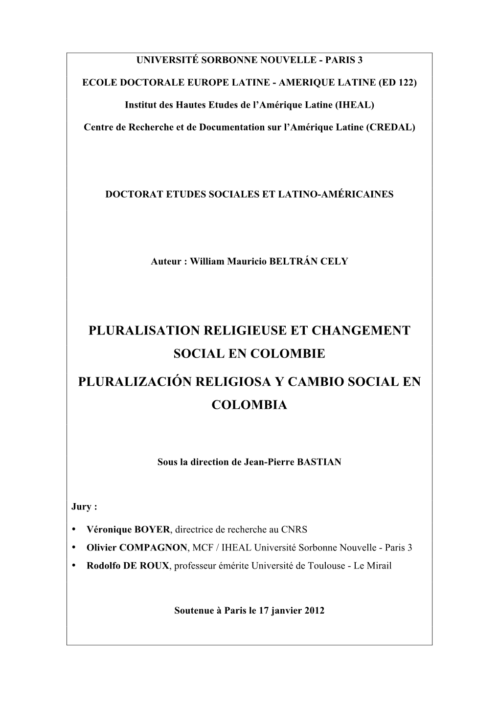 Pluralisation Religieuse Et Changement Social En Colombie