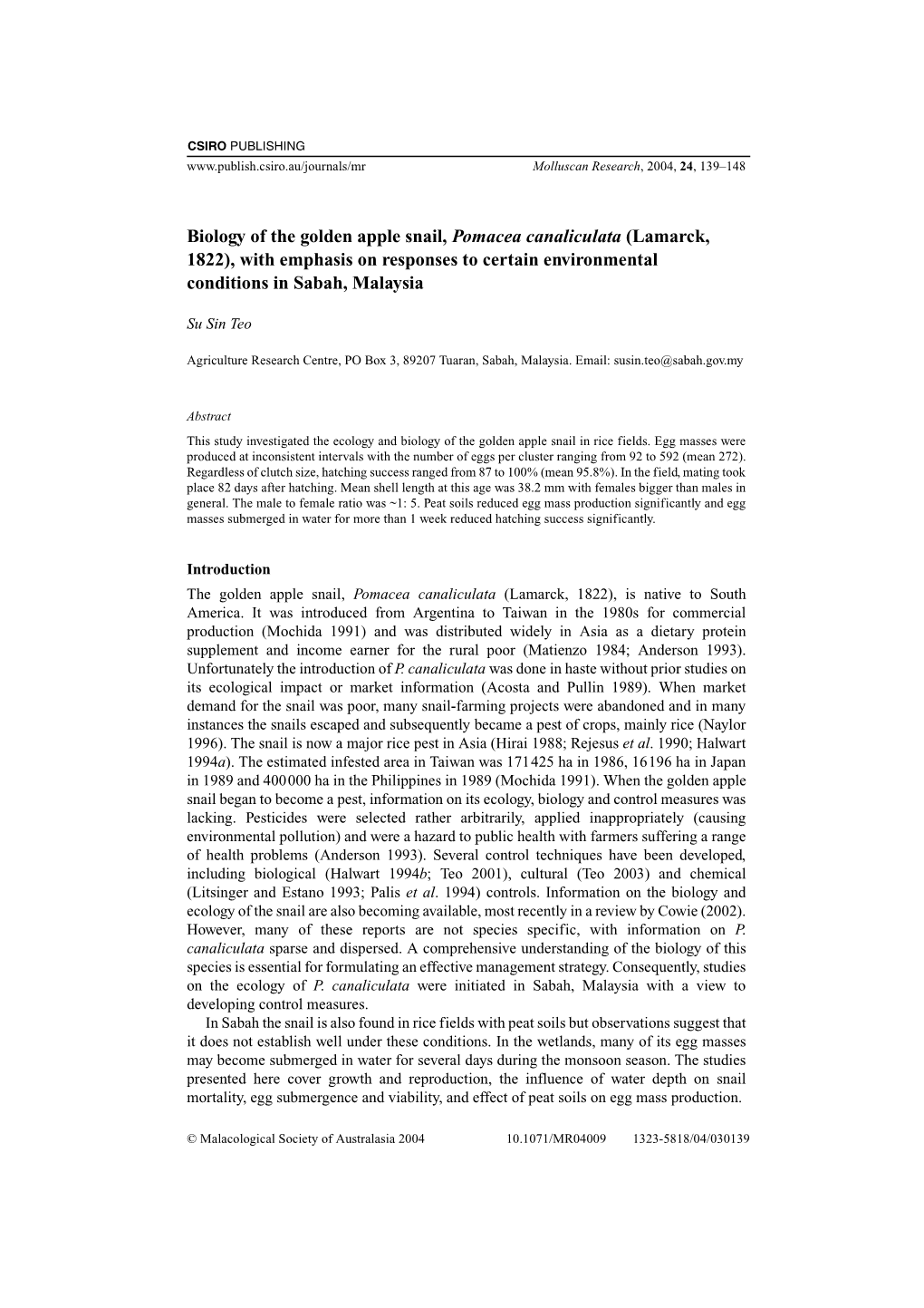 Biology of the Golden Apple Snail, Pomacea Canaliculata (Lamarck, 1822), with Emphasis on Responses to Certain Environmental Conditions in Sabah, Malaysia