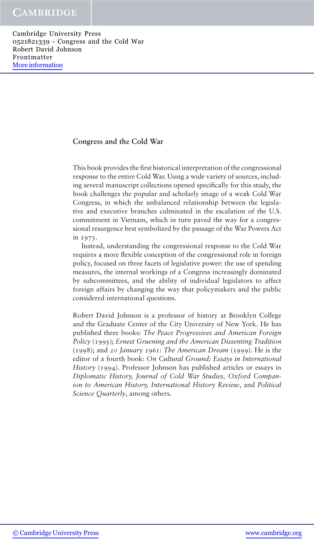 Congress and the Cold War Robert David Johnson Frontmatter More Information