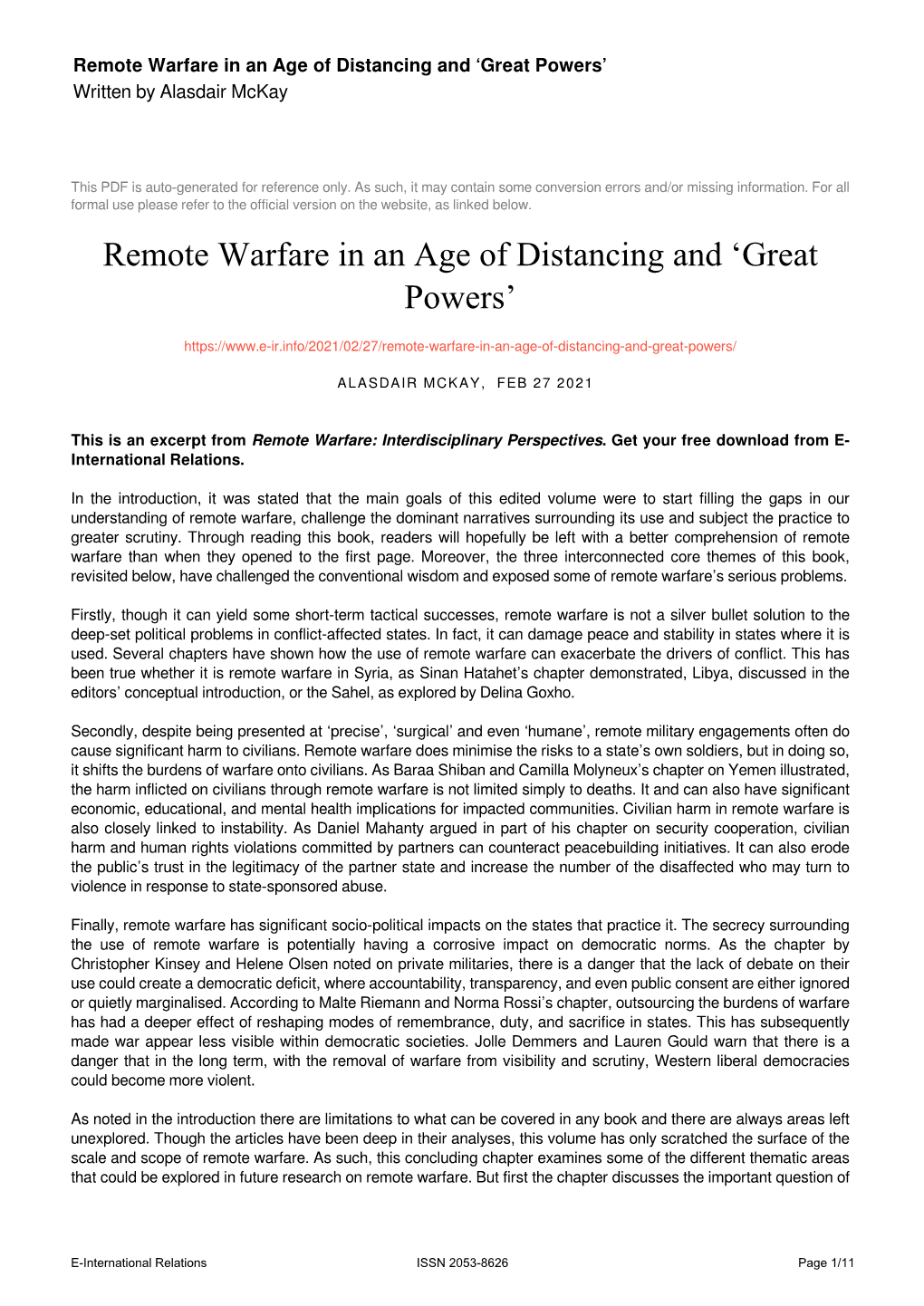 Remote Warfare in an Age of Distancing and ‘Great Powers’ Written by Alasdair Mckay