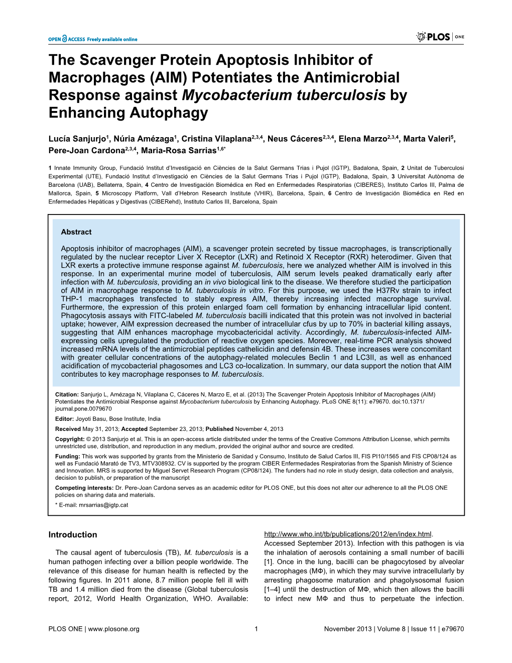 The Scavenger Protein Apoptosis Inhibitor of Macrophages (AIM) Potentiates the Antimicrobial Response Against Mycobacterium Tuberculosis by Enhancing Autophagy