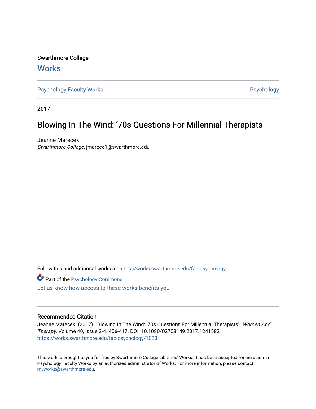Blowing in the Wind: '70S Questions for Millennial Therapists