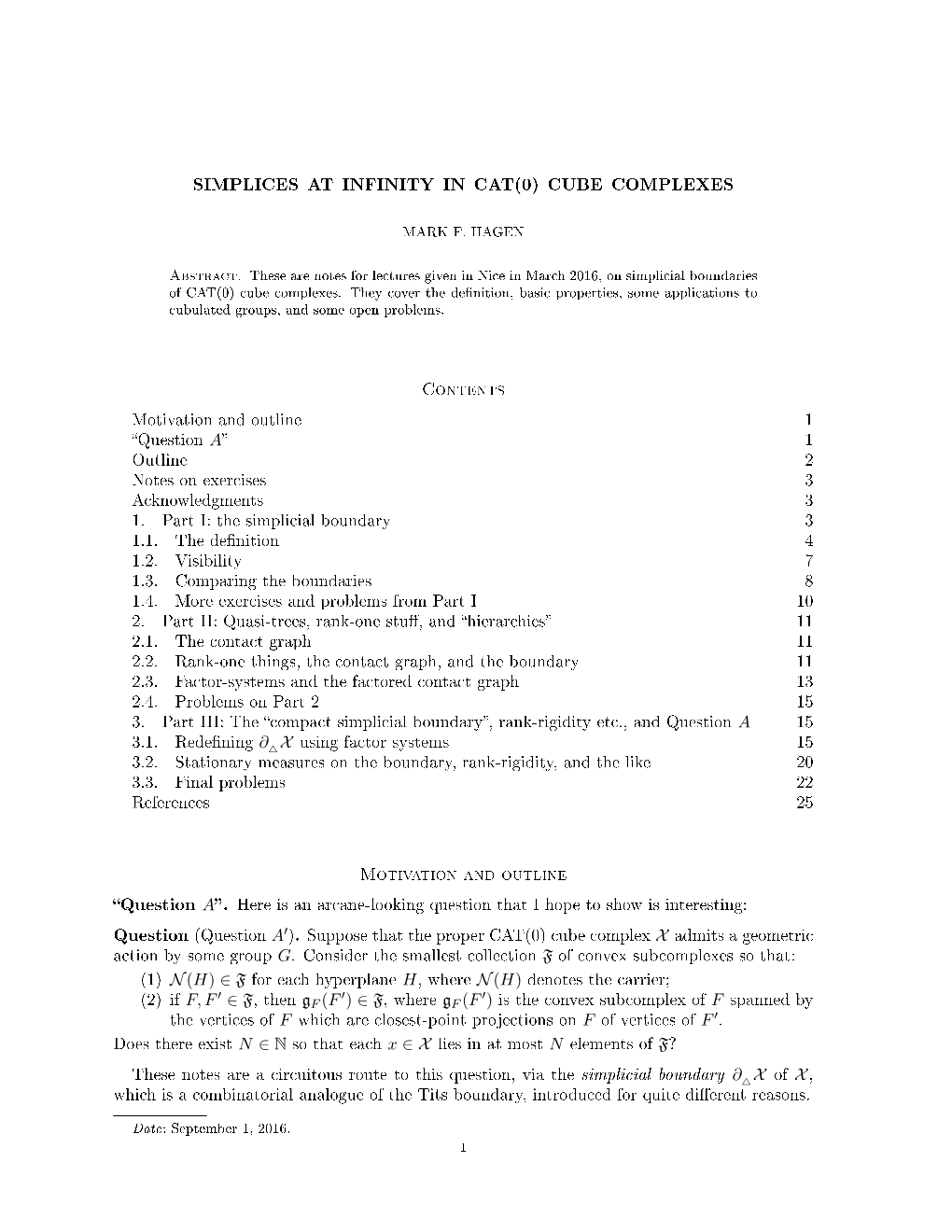 SIMPLICES at INFINITY in CAT(0) CUBE COMPLEXES Contents