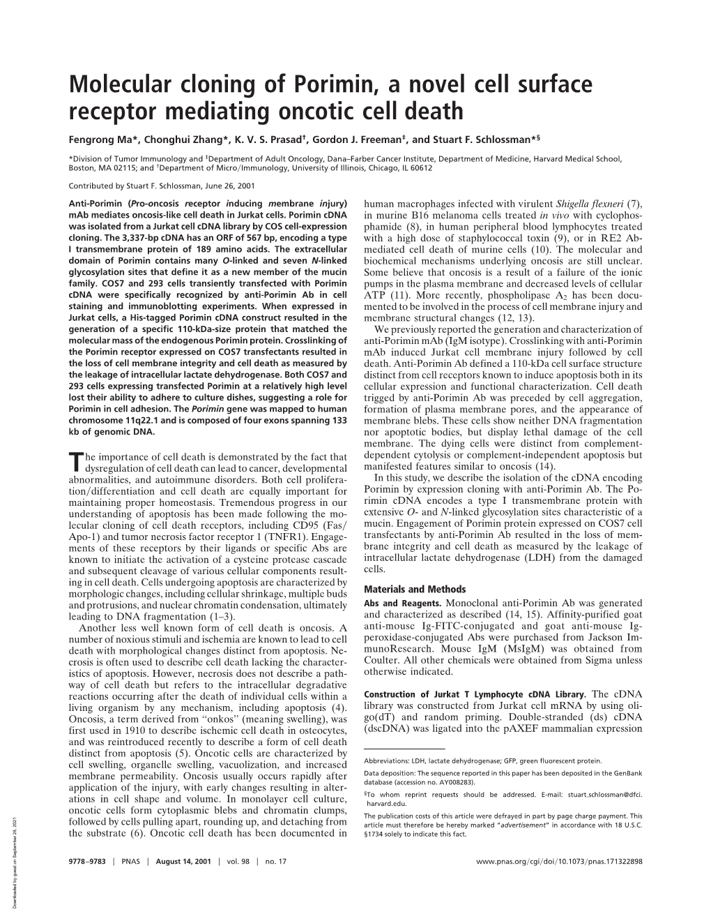 Molecular Cloning of Porimin, a Novel Cell Surface Receptor Mediating Oncotic Cell Death