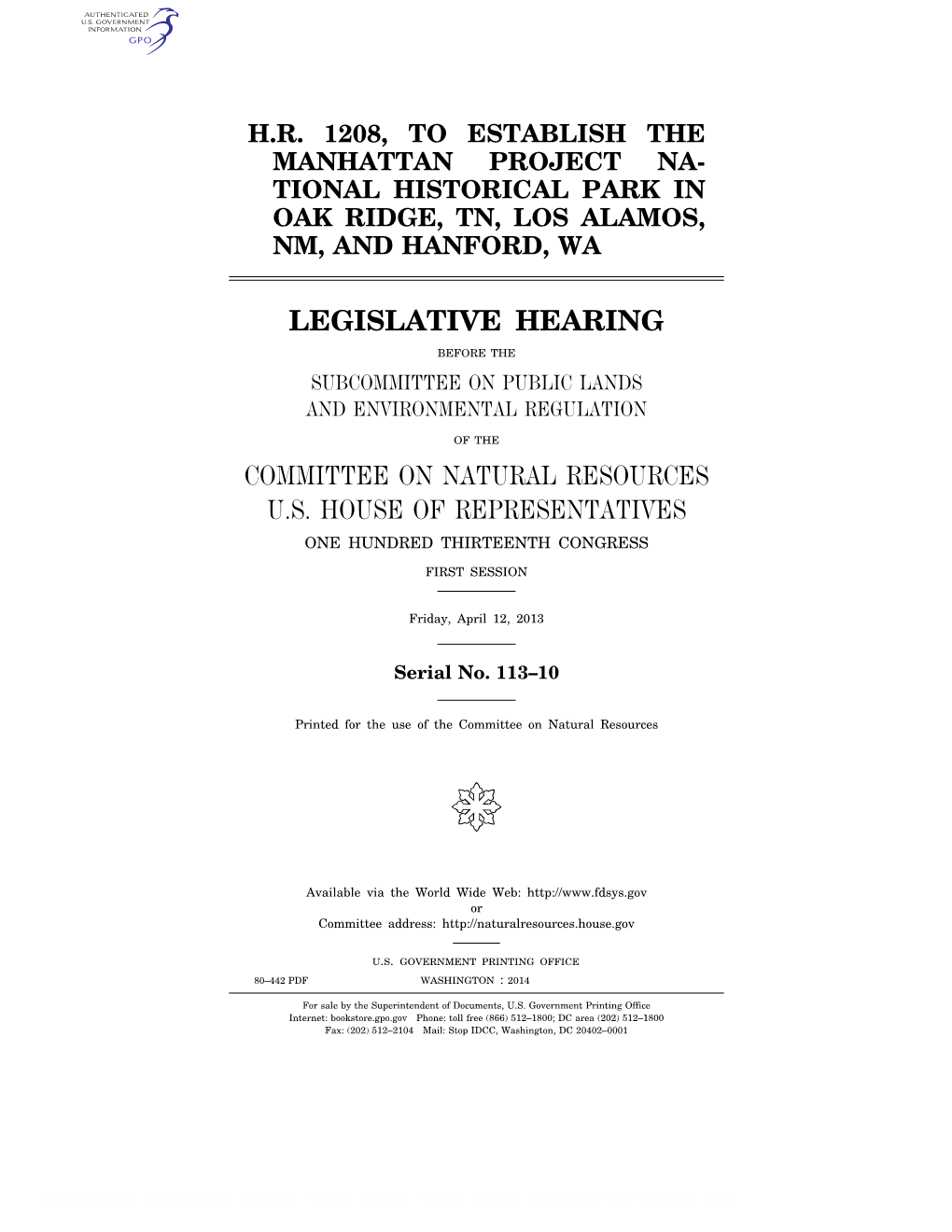 Legislative Hearing Committee on Natural Resources U.S