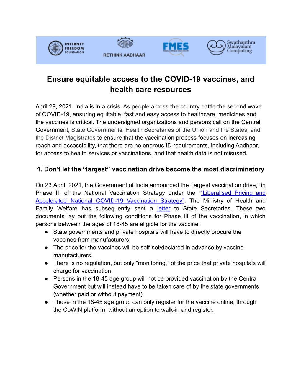 Ensure Equitable Access to the COVID-19 Vaccines, and Health Care Resources
